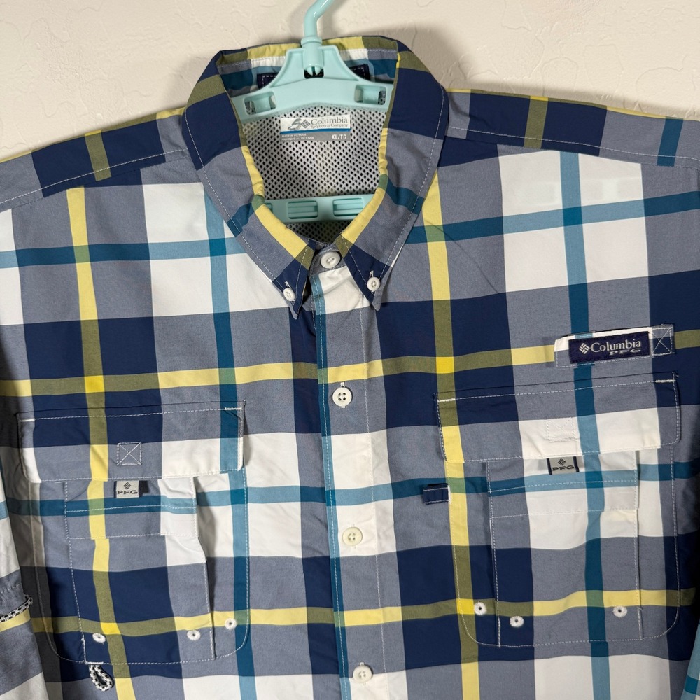 Columbia PFG Shirt Mens XL Blue Super Bahama Fishing Outdoor Vented Plaid